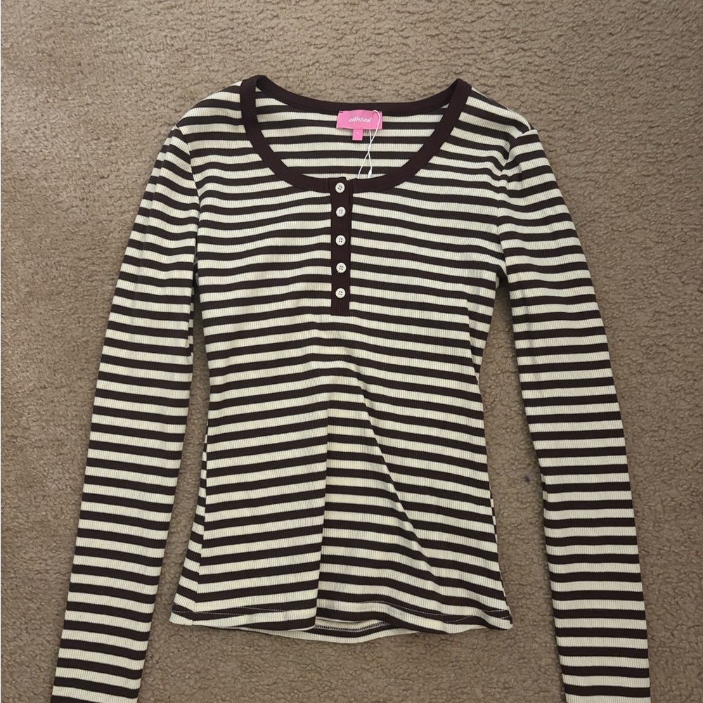 Edikted Brown and Cream Striped Long Sleeve Henley Tee